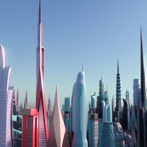 Ful, abstract 3D digital artwork of a futuristic city skyline with shimmering buildings representing virtual assets