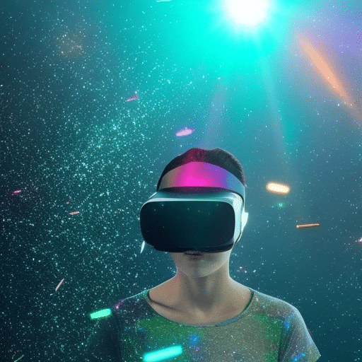 E of a person in VR goggles, suspended in a colorful, pixelated space, with a clock ticking in the background and a stream of colorful particles passing by