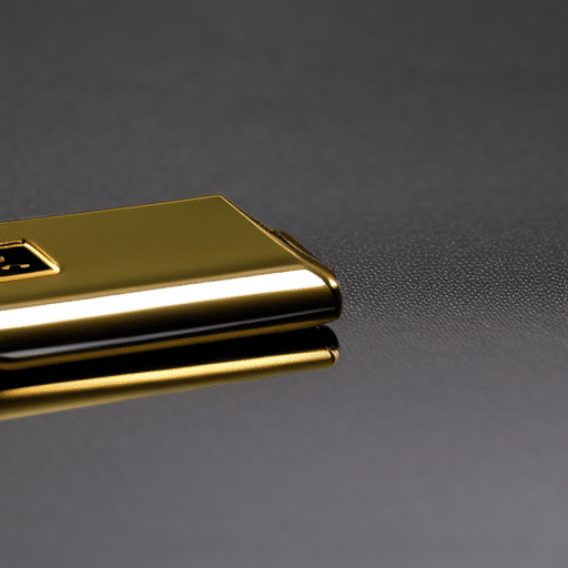 -up of a Ledger Nano S wallet, shining against a black background, with a gold accent glinting off its metallic surface
