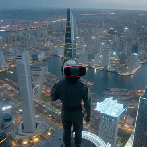 Istic cityscape with a person in a bright, virtual reality suit, standing atop a skyscraper, overlooking a sea of digital buildings