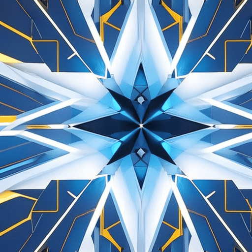 T geometric shapes in cool blue and white, representing a secure network, interconnected with a bold yellow lightning bolt, forming a protective shield