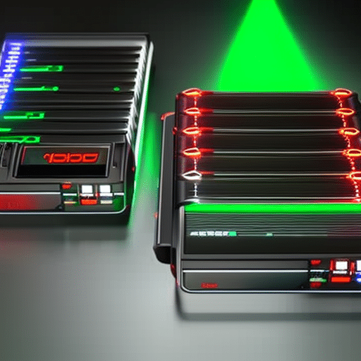 Close up of two cryptocurrency wallets, one with a green LED display and one with a red LED display, side by side