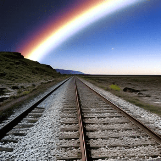 Urreal landscape with a train speeding through the night sky, its windows glowing with a rainbow of vibrant colors