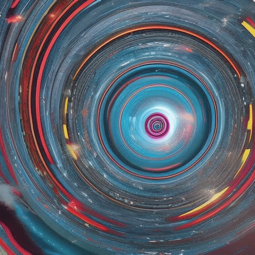 Ract illustration of a person in a futuristic suit, surrounded by a whirlpool of vibrant colors and shapes, hurtling through a cosmic landscape