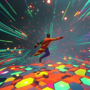 A visual of a person in a virtual world, surrounded by bright colors and shapes, with an expression of awe and anticipation as they experience multiple lives in nano-seconds
