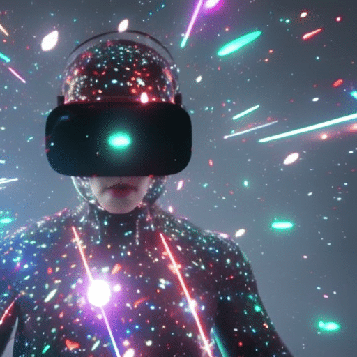 E in a full-body virtual reality suit, surrounded by an array of colorful, flashing lights and a swirling cloud of data particles, suspended in mid-air