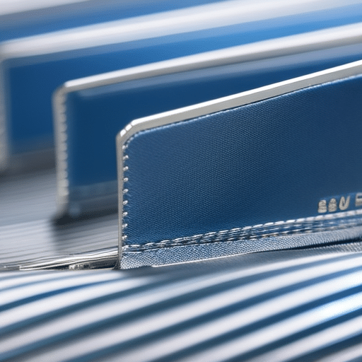 -up of a blue and silver wallet with a ripple design, the hardware center-focus, light reflecting off its surface