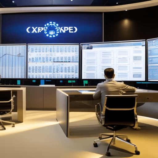 N sitting in a modern office, surrounded by screens displaying graphs and charts relating to XRP in the financial ecosystem