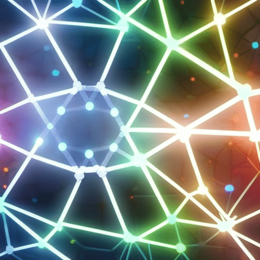 T image of a hand holding a cluster of interconnected XRP, flowing between a network of brightly-colored glowing hexagons, representing the blockchain technology