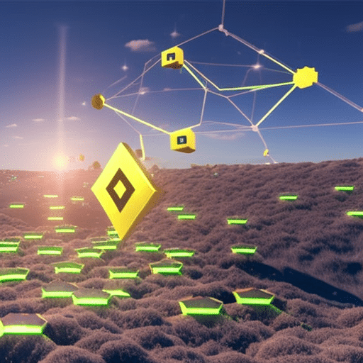 N farming with a farming tool in a field of hexagons, with a Binance Smart Chain logo in the sky and Metamask symbol hovering above